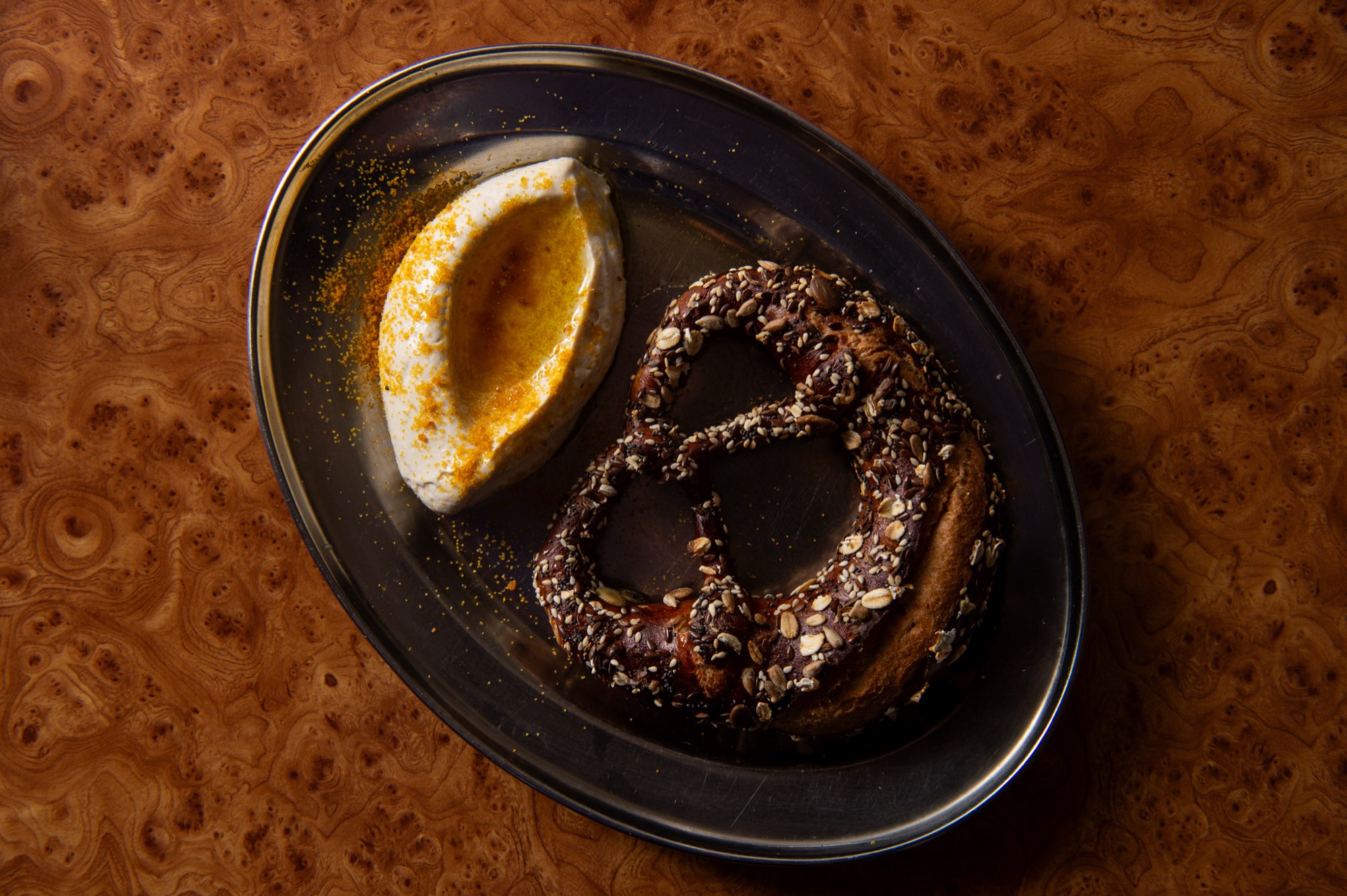 The pretzel at 10 William Street on a burl timber table